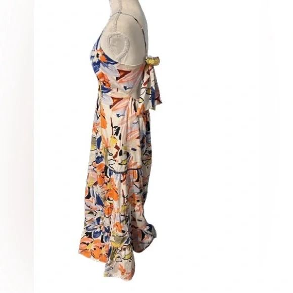 100% Cotton AQUA Floral Print Maxi Tropical Boho Resort Beach Medium Bow Halter - Picture 5 of 12